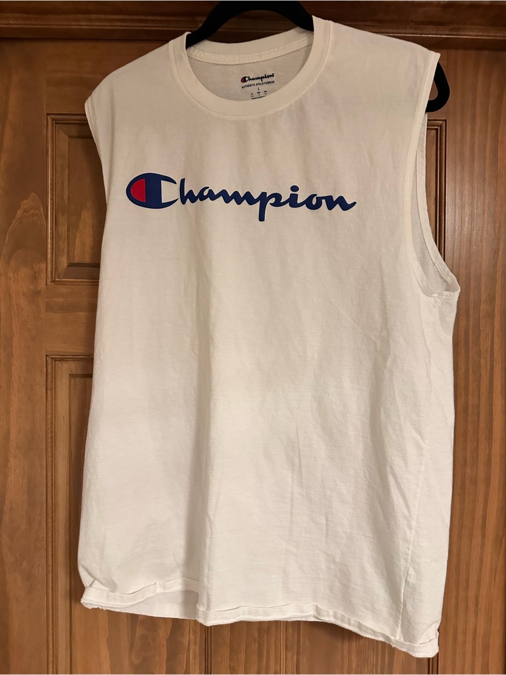 Champion White Muscle Tank with Navy Logo and Red Accent